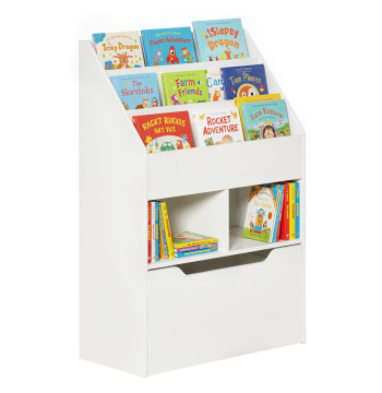 3 Compartiments de plateau en bois de jouet 2 Cubes et tiroir mobile avec 4 roues d'étagère enfant à dorme salle de jeu pour enfants 60x29,9x90cm Blanc