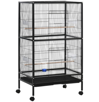 Gaiola para pájaros con 4 Ruedas Gaiola para pájaros Metálica con Múltiples Puertas 4 Comedouros Bebedouro 2 Poleiros y Bandeja para Louros Canarios Periquitos 79x52x137cm Negro