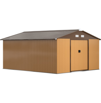 Riparatore da giardino metallico 340x386x200cm esterno per stoccaggio utensili con base di rinforzo chiusa 4 ventilazione finestra e porta del corridoio marrone