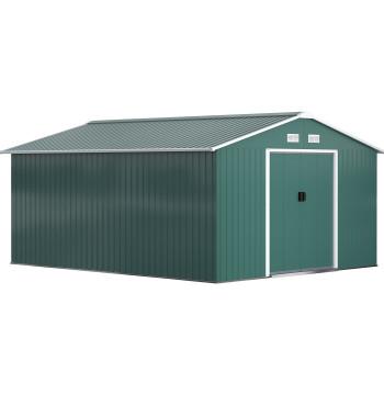 Abri de jardin métallique 340x386x200cm Abri extérieur pour le stockage d'outils avec la base de renforcement fermée 4 Fenêtres de ventilation et porte à flux vert
