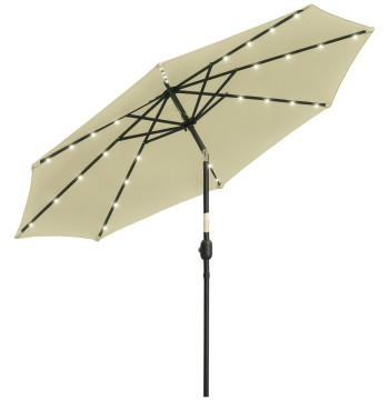 Chapeau solaire avec 32 lumières solaires LED Ø265x233cm Chapeau de soleil inclinable avec poignée et mât en acier pour terrasse Cour extérieure Beige