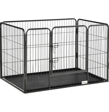 Barriera di sicurezza animale Parco divertente per gli animali con 4 pannelli in acciaio 109x74x71cm con porta a doppia serratura e vassoio rimovibile per interni grigio
