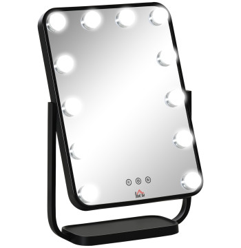 Espelho de Maquilhagem Espelho de Mesa com 12 Luzes LED 3 Temperaturas de Cores Ecrã Tátil Ajustável e Função de Memória para Dormitório Casa de Banho 32,8x11x47,4cm Preto