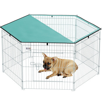 Parc animalier avec 6 59x60cm Panneaux pliants pour animaux de compagnie estimés avec serrure de porte et auvent supérieur pour jardin extérieur patio argent