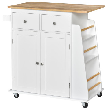 Carrello da cucina ausiliario con ruote da cucina con 2 cassetti di stoccaggio Scaffale interno regolabile 3 supporti per Temper e Hanging Bar 89x45x89,5cm Bianco