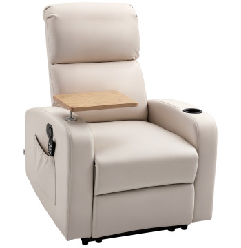 Poltrona de Massagem Poltrona Relax Elétrica com 4 Modos de Vibração Reclinação 145° Estofada em Microfibra Controlo Remoto Mesa 2 Bolsos Laterais e Suporte para Copos 77x93x105cm Bege
