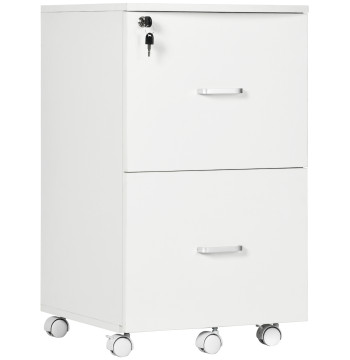 Bloco de Gavetas de Escritório Móvel Auxiliar para Arquivos com 2 Gavetas Fechadura 2 Chaves 5 Rodas e 2 Freios para Estúdio Escritório Dormitório 43x45x72cm Branco