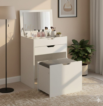 Essenza Toeletta Bianca con Specchio e Sgabello - 60x40x114cm