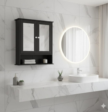 Armoire Salle Bain Murale Essenza MDF Noir 56x13x58cm avec Miroir