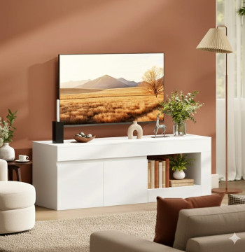 Essenza Móvel TV Branco 140cm para TV 60" com Armário e Prateleira - Modelo 2