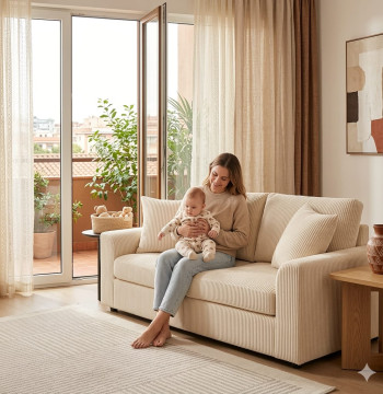 Essenza Canapé 3 Places Crème 212cm Velours Structure Acier 450kg
