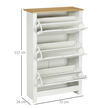 Materiais: Fabricada em resistente melamina de madeira, este móvel oferece durabilidade e facilidade de limpeza.
Medidas: Com dimensões de 72x26x112 cm, esta sapateira oferece espaço para até 18 pares de sapatos de tamanho padrão.
Benefícios: As prateleiras ajustáveis em 2 níveis permitem acomodar sapatos de diferentes alturas, enquanto o tampo em tom de carvalho oferece uma superfície extra para objetos decorativos.
Usos Recomendados: Ideal para corredores, entradas ou qualquer espaço estreito que necessite de organização e estilo.
Outras Especificações: Puxadores ranhurados facilitam a abertura das gavetas, com capacidade de até 8 kg cada. Requer montagem e não é adequada para calçados acima do tamanho 43.
