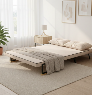Sofá Cama Convertível – 102x73x81 cm – Bege – Aço, Veludo, Madeira